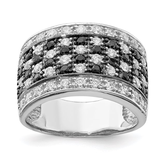 Bague en Argent Sterling 925 Rhodié Noir et Blanc Zircon Cubique à Damier