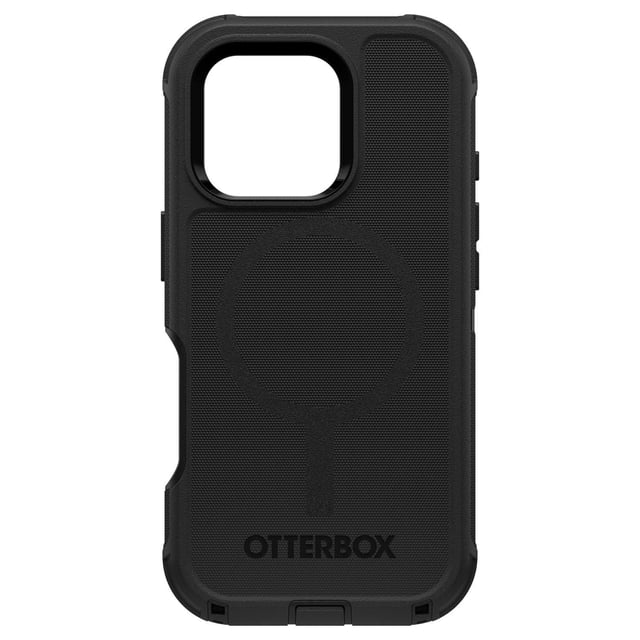 OtterBox Defender Pro MagSafe Case Black for iPhone 16 Pro, rugged black case with antimicrobial additive and textured grip, raised edges protecting camera and screen, MagSafe charging compatible circle on back, and OtterBox logo embossed at bottom.