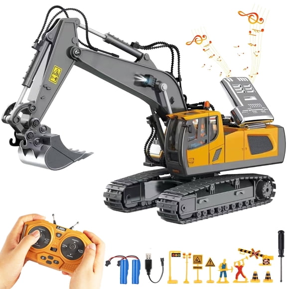 Lictin Excavatrice Télécommandée pour Enfants, Véhicule de Construction RC Rechargeable à 11 Canaux avec Pelle en Métal, Lumières et Sons, Jouets Excavatrice RC pour Garçons et Filles de 3 à 12 Ans