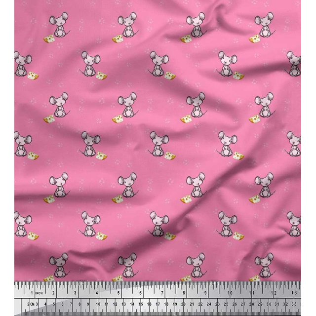 Soimoi Polyester Crepe Fabric Footprint,Cheese & Rat Kids Print Fabric by Yard 42 Inch Wide