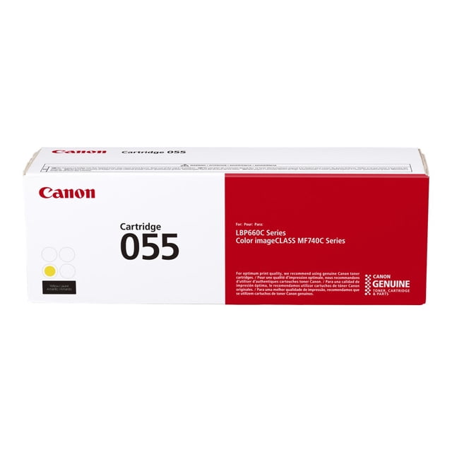 Canon 055 Cartouche Cartouche de toner Jaune dans Son Emballage d'Origine, Conçue pour Être Utilisée avec les Imprimantes des Séries LBP660C et Color imageCLASS MF740C. la Boîte Présente un design Rouge et Blanc avec des Détails sur le Produit et la Marque Canon.