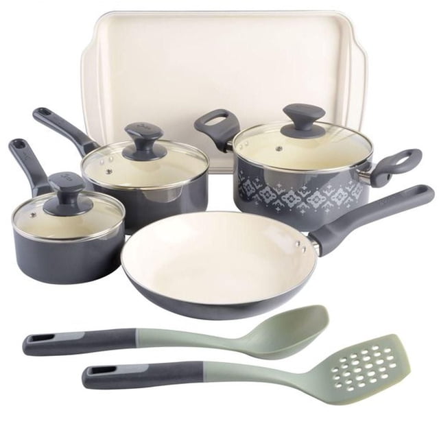 Tia Mowry 10 Piece Ceramic Nonstick Cookware Set in charcoal grey featuring two saucepans with glass lids, a Dutch oven with lid and stainless steel steamer insert, a frying pan, a sauté pan, a rectangular griddle, and two silicone-handled kitchen tools, all with cream ceramic nonstick interiors and patterned exterior finish, suitable for versatile stovetop cooking.