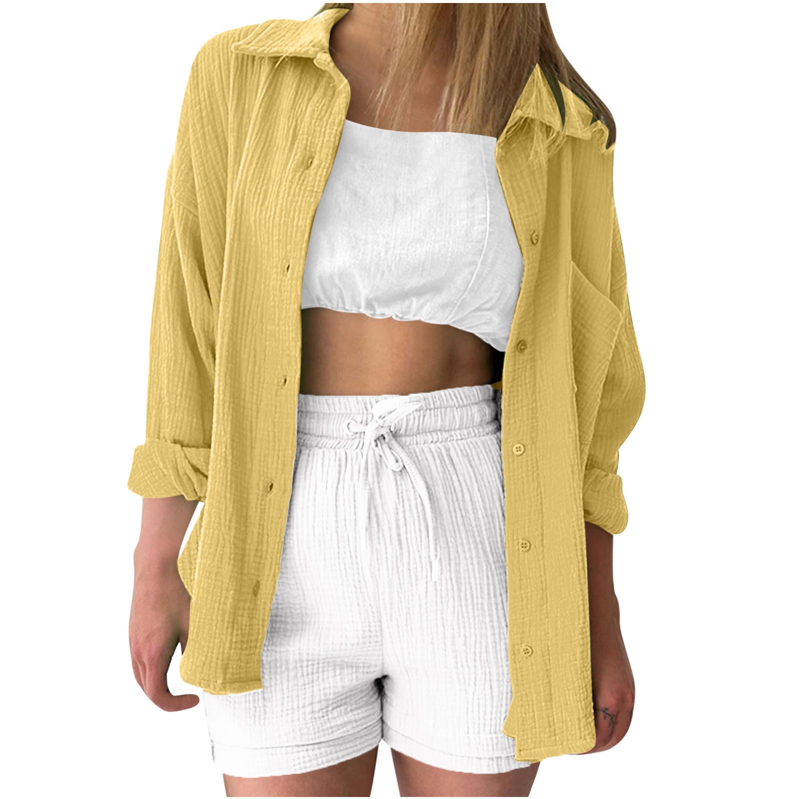 Timegard Tops for Women Lapel Neck Long Sleeve Button up Shirts Solid Color Fall Casual Loose Blouse