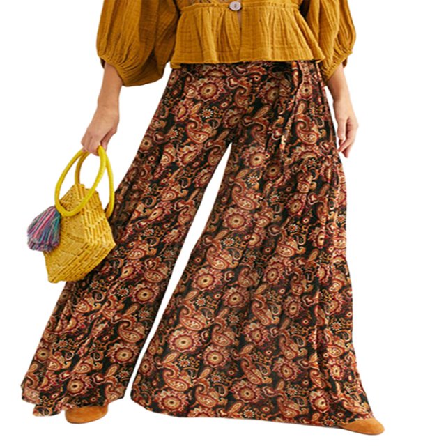 Pantalons de Plage Boho pour Femmes Taille Haute Décontractée Ample Jambe Grand Droite Imprimée