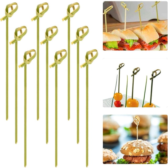 HLONK Bamboo Cocktail Picks Bamboo Knot Picks 100 Pcs 4.8 inch with Looped Knot Fancy Bamboo Toothpicks Natural Bamboo Picks Bamboo Skewers for Appetizers Cocktail Toothpicks