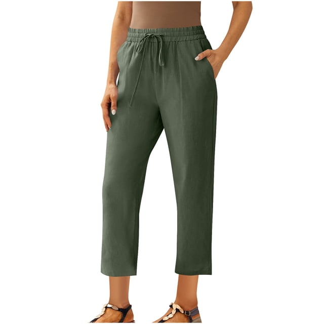 Yanlir Women's Summer High Waisted Boho Straight Pants Wide Leg Long Lounge Pants Solid Color Drawstring Trousers with Pocket Lightweight(Army Green,XL)