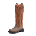 thumbnail image 4 of Womens Fleece Mid Calf Winter Combat Boots Fashion Plush Leather Patchwork Chunky Heel Knee High Riding Tall Boots, 4 of 6