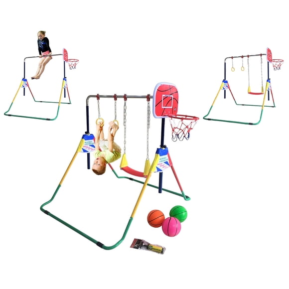 Kids Jungle 4-in-1 Kid Climb & Deluxe Swing Set Playground with Horizontal Bar, Trapeze Rings, Monkey Bars, Basketball Net Hoop & 3 Balls, Expandable & Foldable