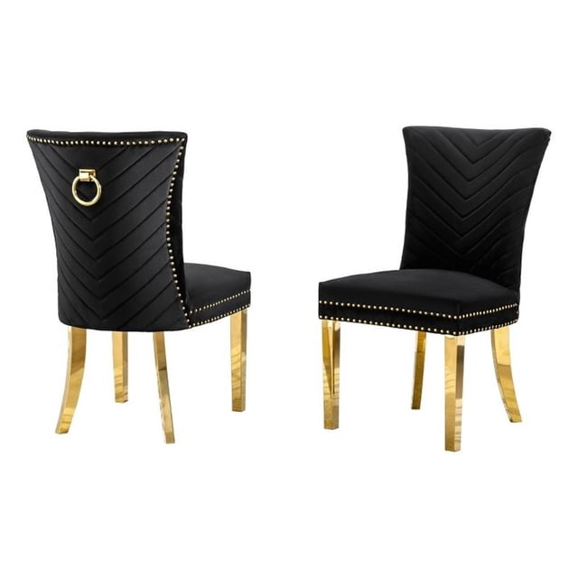 Ensemble de 2 Chaises Rembourrées en Velours Noir avec Pattes en Acier Inoxydable Doré