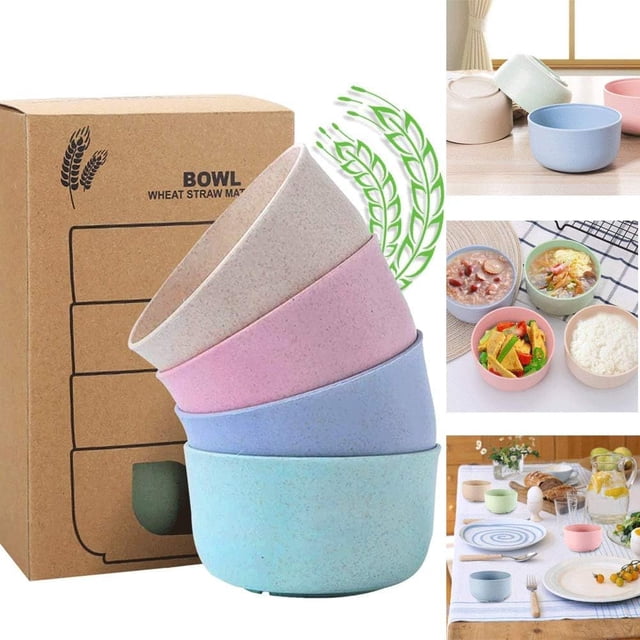 SURJDE Unbreakable Cereal Bowls, 14oz 4PCS Wheat Straw Fiber Snack Bowls for Children. A set of four eco-friendly bowls made from natural wheat straw, starch, and food-safe PP material. The bowls are lightweight, durable, and biodegradable, featuring a smooth edge design for safety, anti-slip and reinforced bottoms for stability, and a scratch-resistant surface. Each bowl measures 4.5 inches in diameter and 2.5 inches in height. Shown in pastel colors, these bowls are ideal for rice, porridge, soups, cereals, and desserts. Dishwasher safe and suitable for picnics, camping, or children's parties.