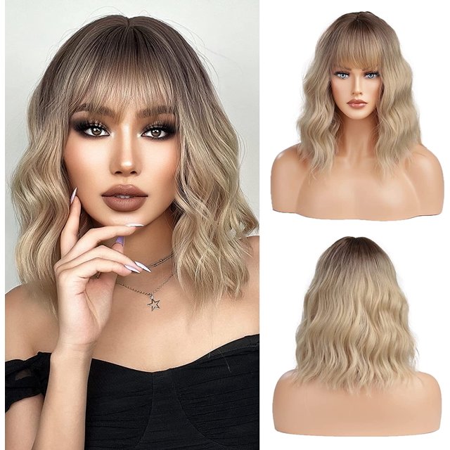 AmPm 12 Inches Short Straight Blonde Bob Synthetic Hair Wigs with Dark Roots for Women Cosplay Daily Party Use