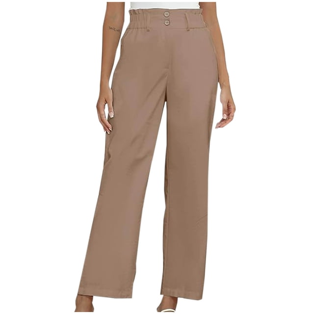 Timegard Lounge Pants for Women Elastic Waisted Button Straight Leg Ruched Casual Trousers with Pockets