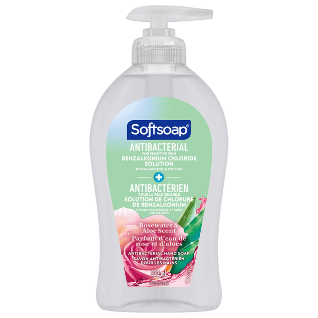 Softsoap Antibacterial Sensitive Liquid Hand Soap 332 mL bottle with clear pump dispenser, featuring benzalkonium chloride antibacterial solution and rosewater aloe scent, hypoallergenic and dye-free formula for sensitive skin that cleans and moisturizes hands.