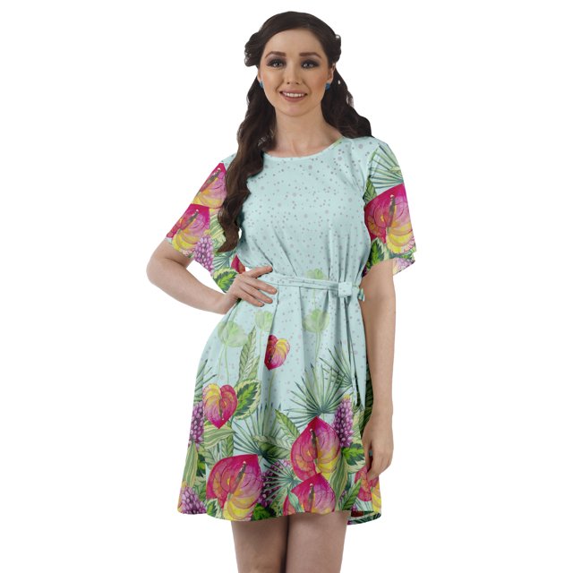 Moomaya Robe d'Été Courte Évasée à Manches Cloche en Georgette Mousse Imprimée pour Femmes