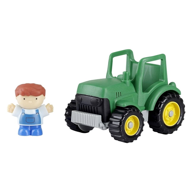 Kid Connection Mini Farm Tractor with Driver featuring a sturdy green plastic tractor with large black and yellow wheels and a small driver figure in blue overalls and white shirt, a freewheeling vehicle suitable for imaginative play and motor skills development.