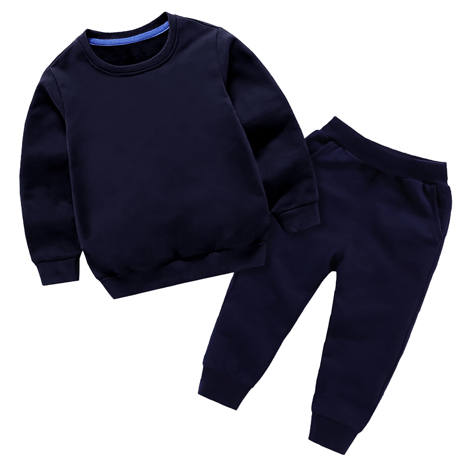 XDZJLR Boy Outfits Girl Clothes Winter Solid Color Long Sleeve Pullover Sweatshirt Pants 2Pcs Fall Sets Navy 12-24 Months
