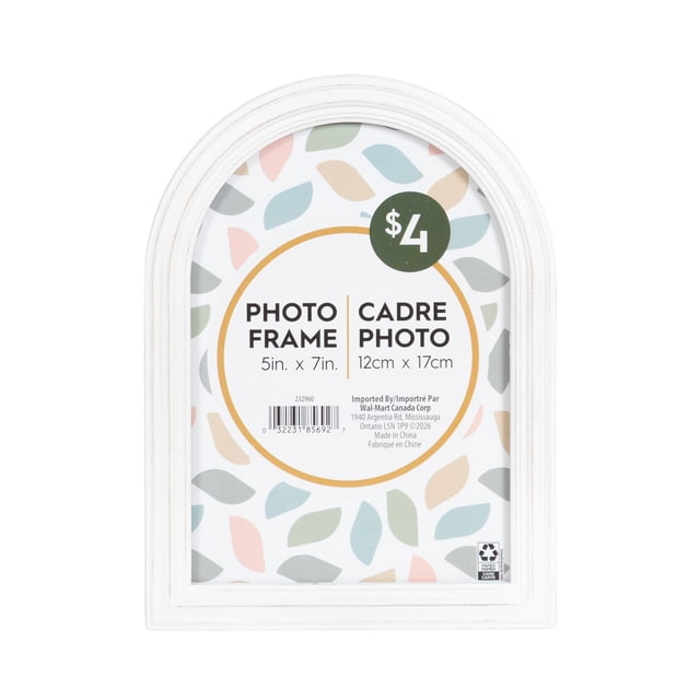 DesignOvation Maynor Arch 5x7 White Picture Frame with vintage arch shape and stepped profile in white finish. Holds one 5 by 7 inch photo, includes attached easel for tabletop display and wall hanger for mounting. Suitable for mantel, desk, gallery wall, or displaying small artwork or quotes.