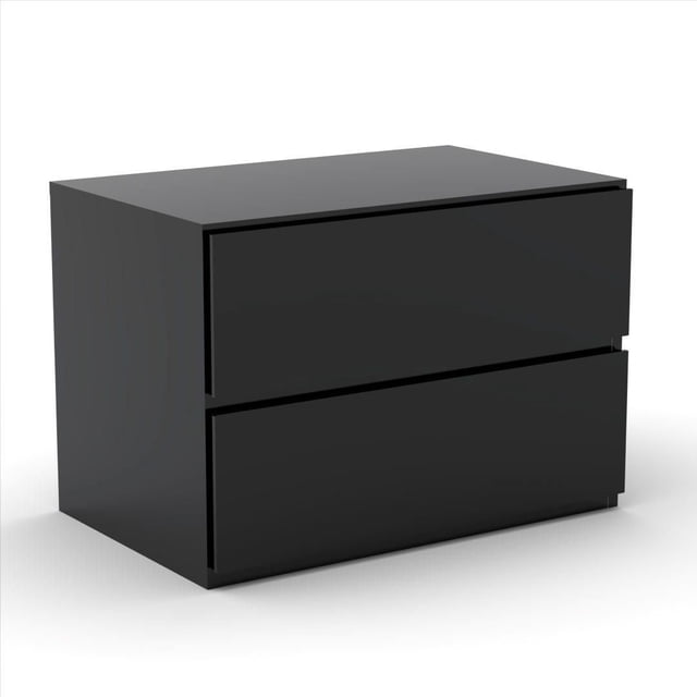 Nexera Corbo Night Stand, Black, front-facing with a rectangular silhouette featuring a top drop-down door with wire management for device charging and a bottom drawer on metal slides. It has a matte black lacquer finish and a scratch-resistant melamine top panel, ideal for bedroom storage.