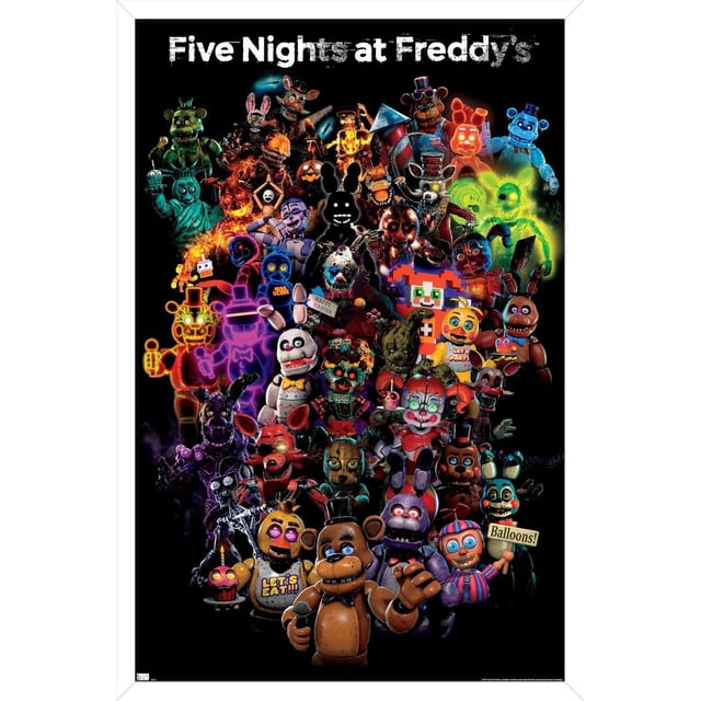 Five Nights at Freddy's : Livraison Spéciale - Affiche Murale Collage, 22,375 Po x 34 Po Présentant un Collage Frontal de Personnages Animatroniques Colorés de la Série de Jeux d'Horreur sur Fond Noir, Incluant Freddy Fazbear Tenant un microphone au Premier Plan, Entouré de Figurines Robotiques Lumineuses, Pixélisées et Ardentes, Idéal pour la Déco de la Maison et les Salles à Thème Gaming.