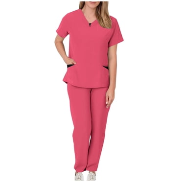 Working Uniforms Nurse Scrub Set for Women Short Sleeve Work Shirts and Long Pants Cozy Home Attendant Outfits, Hot Pink, XXL