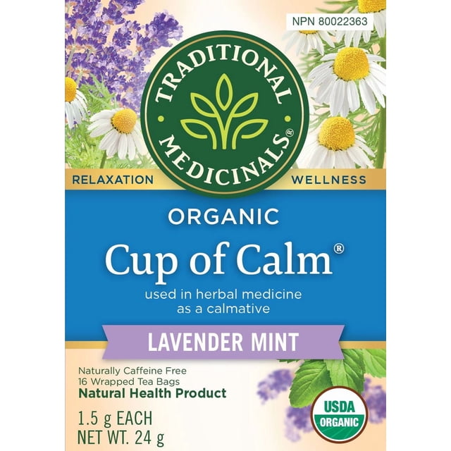 Traditional Medicinals Tasse de Tisane Biologique Apaisante à la Lavande et à la Menthe, Boîte de Tisane Utilisée comme Calmant en Médecine à Base de Plantes, Contenant 16 Sachets de Thé Enveloppés Sans Caféine de 1,5 g Chacun, Produit de Santé Naturel Certifié et Étiqueté Biologique USDA pour la Détente et le Bien-être.