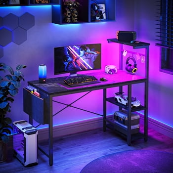 Bestier Bureau d'Ordinateur Réversible de 44 Pouces avec Lumières DEL, Bureau de Jeu avec Étagères à 4 Niveaux, Marbre Noir