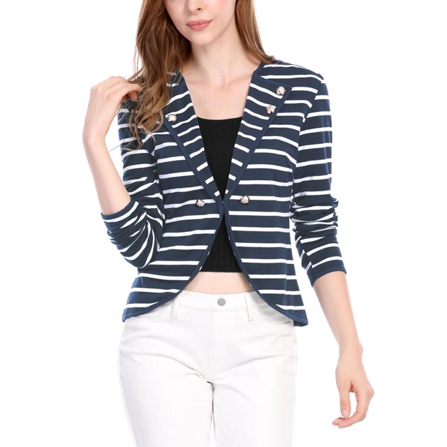 INSPIRE CHIC Blazer Mince à Rayures pour Femme à Revers Cranté avec Boutons Décoratifs