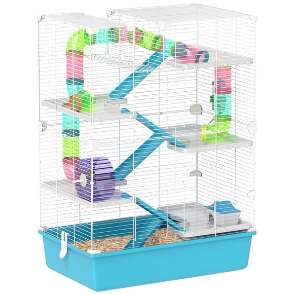 PawHut 6 Tier Hamster Cage 32" Gerbil Cage w/ Tunnels and Tubes, Light Blue