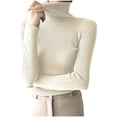 thumbnail image 1 of Dagegui Chandail à Col Roulé pour Femmes, Tricot Côtelé, Coupe Ajustée, Hauts Légers à Manches Longues, Chandail d'Automne et d'Hiver Extensible, Couche de Base, Beige, Taille Unique, 1 of 5