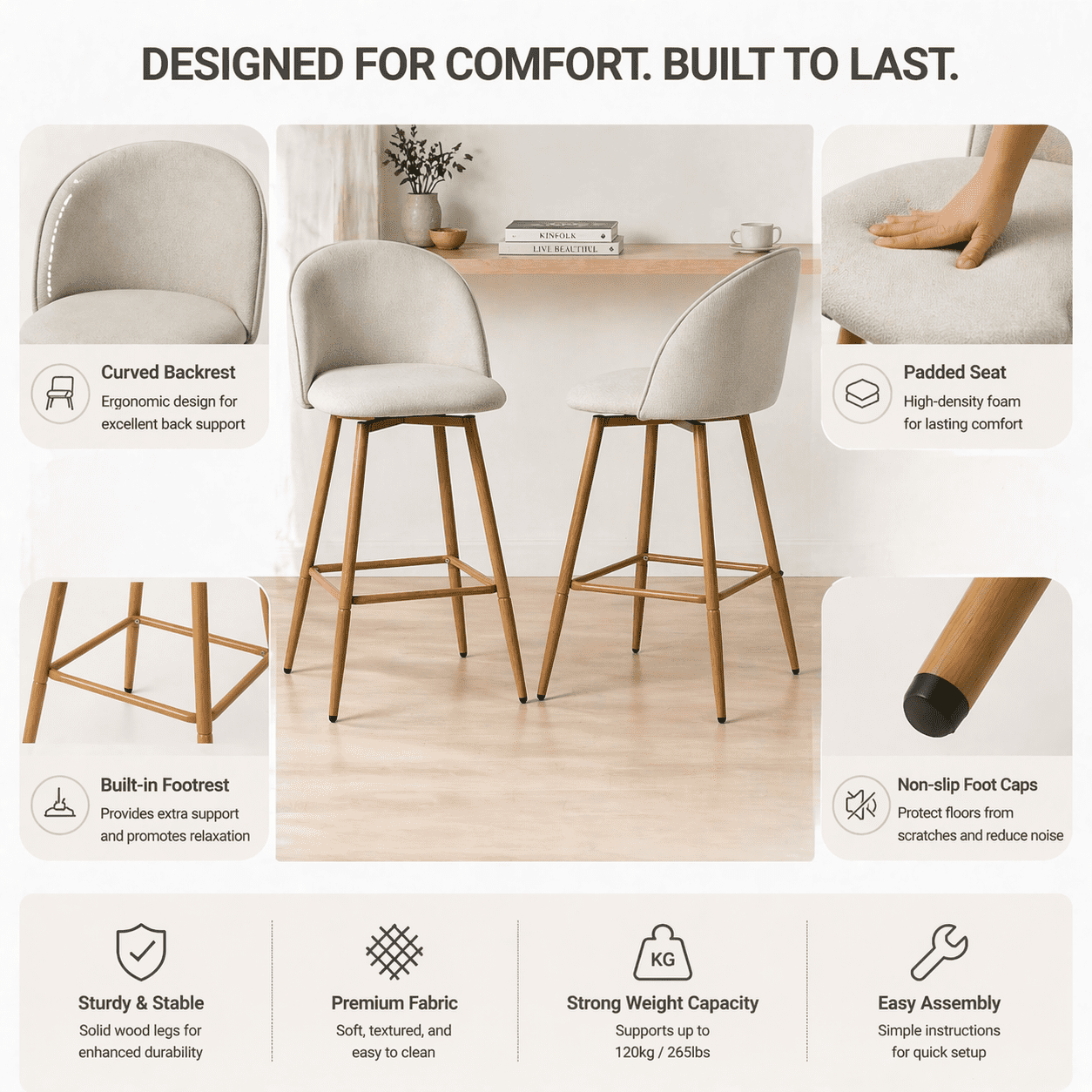 Homy Casa Ensemble de 2 Tabourets de Comptoir Pivotants, Chaises Baril Rembourrées avec Tissu Imperméable, Pieds Métal Aspect Bois