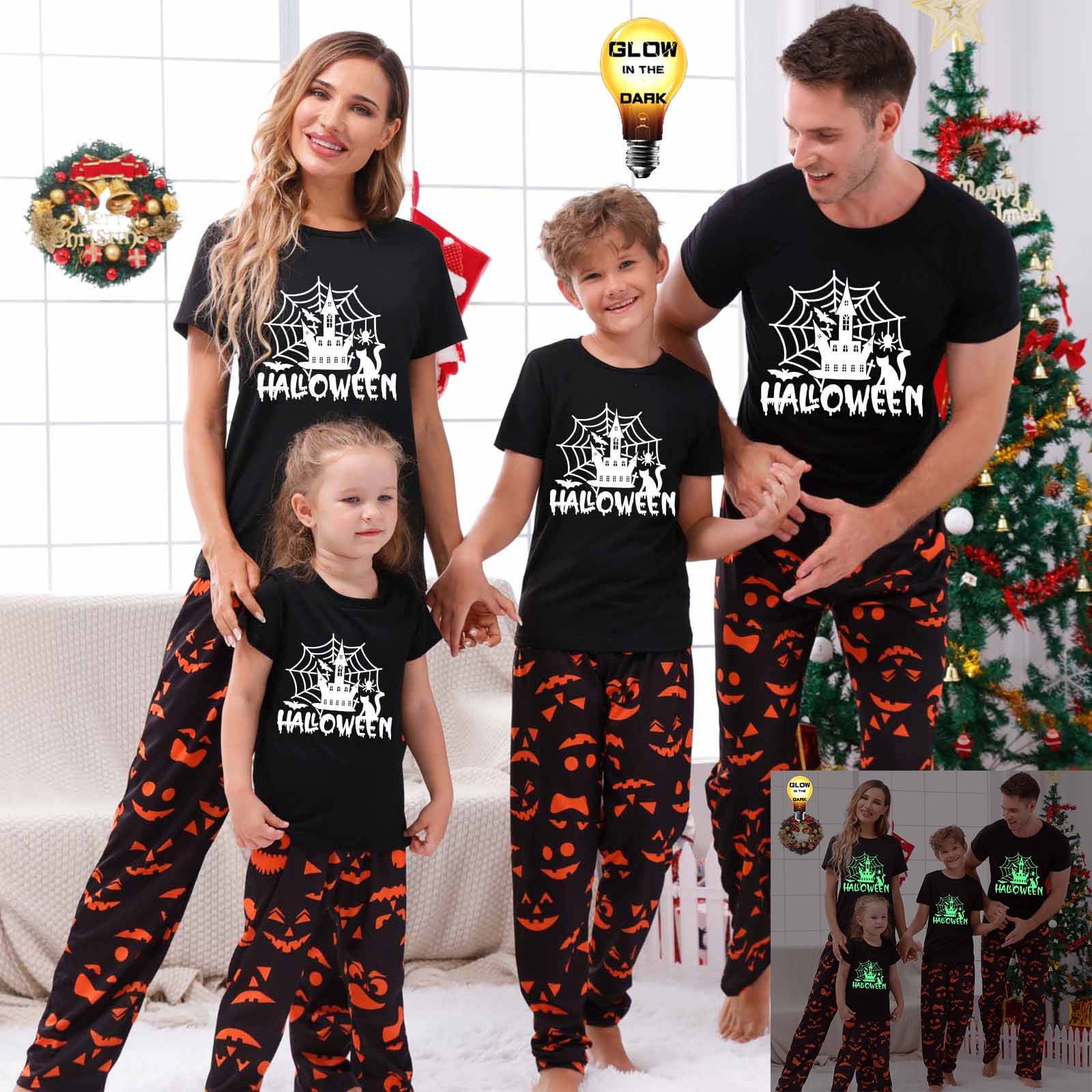 TIMIFIS Pyjamas d'Halloween Assortis pour la Famille Ensembles Assortis 2 Pcs Pyjamas d'Halloween Phosphorescents Pyjama Tenue de Nuit Combinaison Toile d'Araignée Fantômes Citrouille Squelette Arbre Pyjama Haut et Pantalon Tenue Vêtements de Maison Pyjamas 4-5T