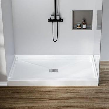 Base de Douche Antidérapante 48 Pouces x 32 Pouces - Bac de Douche Central SMC avec Couvercle de Drain en Acier Inoxydable 304, Plateau de Sol de Salle de Bain à Seuil Unique Installation Facile