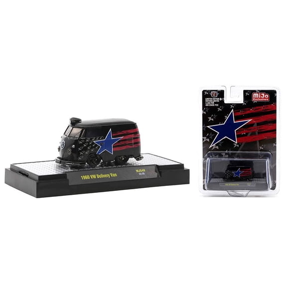 1960 VW Delivery Van Black with Stars and Stripes Graphics Limited Edition to 4400 Pieces Worldwide 1/64 Diecast Model Car by M2 Machines 31500-MJS48