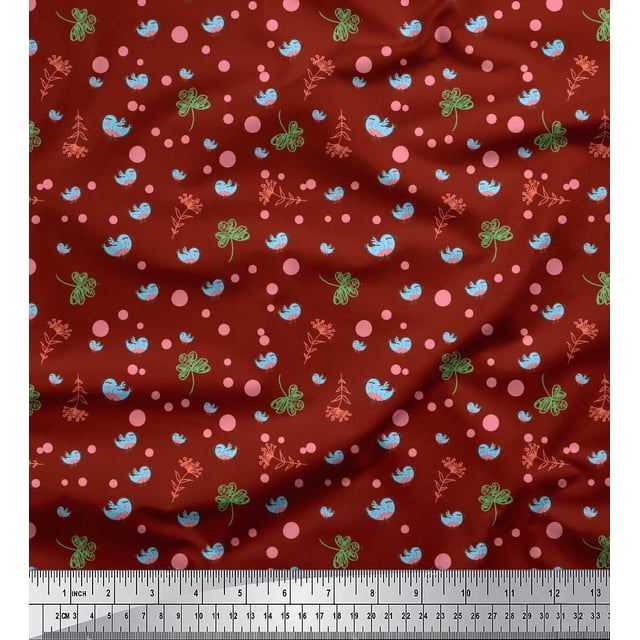 Soimoi Crepe Silk Fabric Dot,Leaves & Bird Cartoon Print Fabric by The Yard 42 Inch Wide