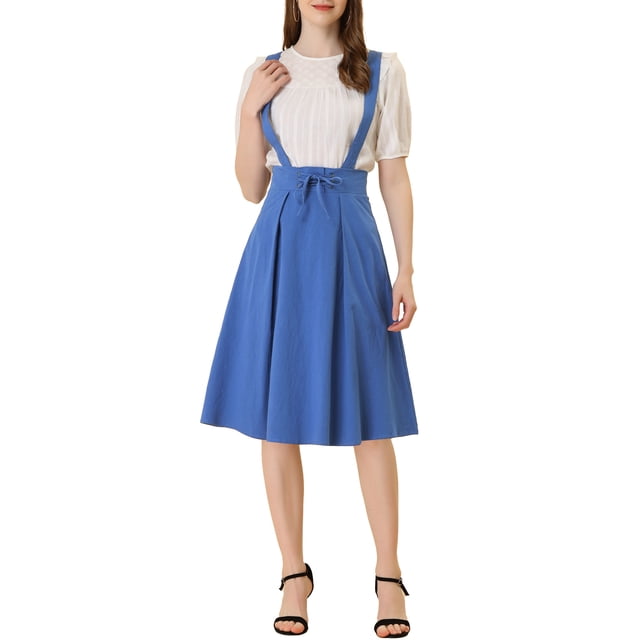 Unique Bargains Jupe Midi Plissée à Bretelles Rétro à Taille Élastique pour Femme, Bleu, TP