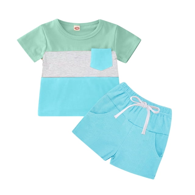 Sunnyoo Boys 2Pcs Outfits Patchwork Color Short Sleeve Pocket T Shirt Shorts Tracksuit Set