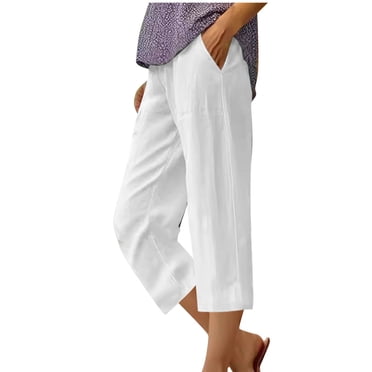 Cameland Women's Summer Cotton And Linen Capris Pants Solid Color Elastic Waist Trousers Straight Casual Loose Fit Capri Pant with Pockets