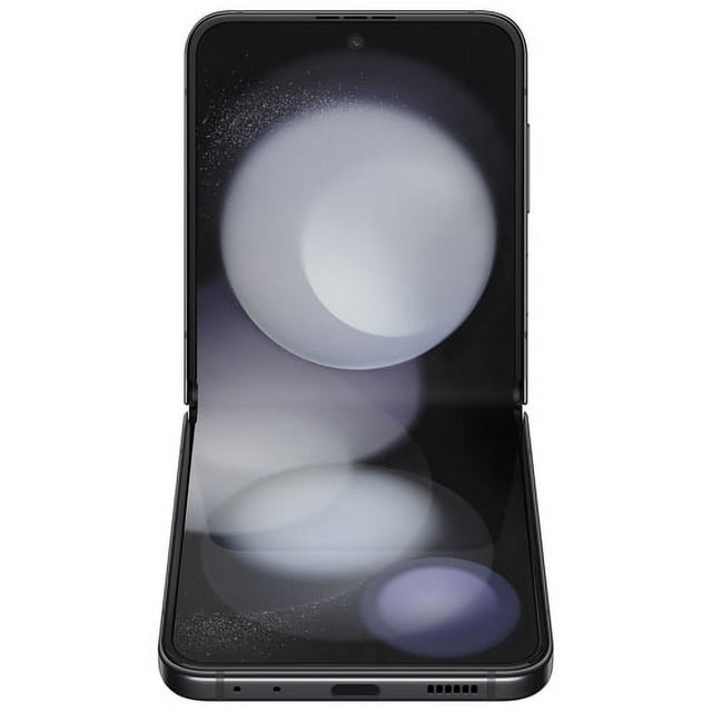 Restored Samsung Galaxy Z Flip5 Unlocked Smartphone Open Box displayed in a partially open position. Features a 6.7-inch Dynamic AMOLED 2X main screen with 2640 x 1080 resolution and a 3.4-inch Super AMOLED cover screen with 748 x 720 resolution. Compact folding design with Snapdragon 8 Gen 2 processor, 8GB RAM, and 256GB storage. Water-resistant with an IPX8 rating, suitable for up to five feet of water for 30 minutes. Includes a 10MP front camera and customizable cover screen for widgets and live photo previews.