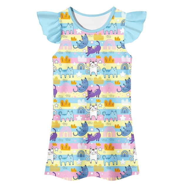 MIASHUI Robe de Princesse pour Tout-Petites Filles, Chemises de Nuit à Manches à Volants pour Filles, Pyjamas, Bleu, 3-4 Ans
