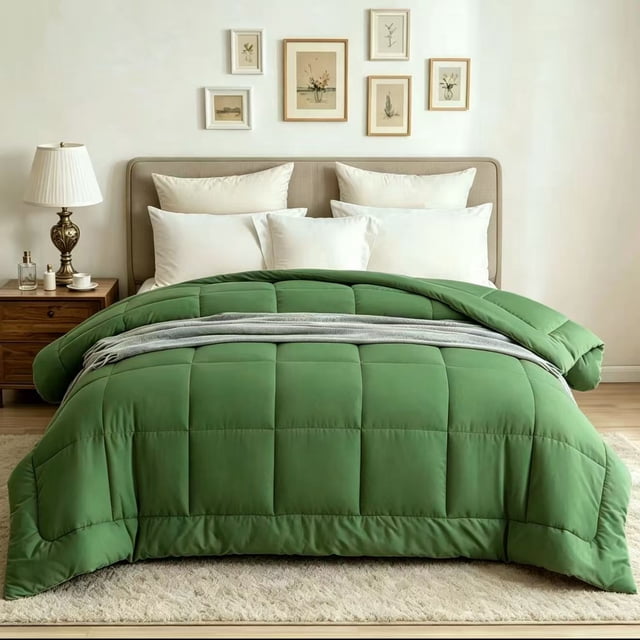 BedTreat Down Alternative Comforter with Corner Tabs - All Season Quilted Full Size 240 GSM Green Comforter, Machine Washable Microfiber Bedding