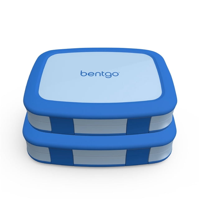 Lot de 2 Bentgo Boîtes à lunch Bleues pour Enfants Empilées, Présentant un design Carré de Style Bento avec Cinq Compartiments, Bords Bleus Enduits de Caoutchouc Antichute et Deux Loquets Faciles à Ouvrir, Idéal pour les Lunchs à Portions Contrôlées et Sans Dégâts.