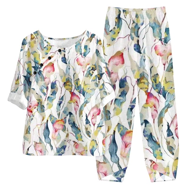 Birdeem Ensemble Deux Pièces pour Femmes d'Été Imprimé, Haut Court à Manches Mi-Longues à Col Rond + Pantalon Décontracté, Ensemble de Détente
