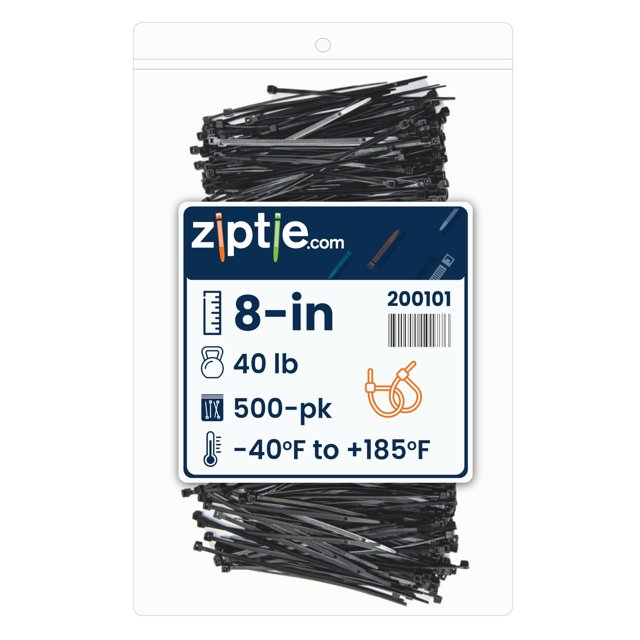 ZipTie.com Attache de Câble Multi-Usage Noir 8 Pouces, Résistance à la Traction 40 Lb, Type 21, Lot de 500
