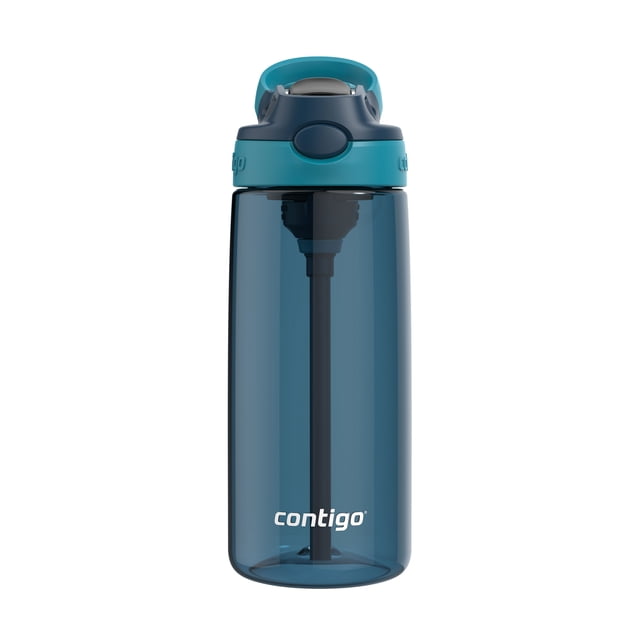 Contigo Kids Aubrey Water Bottle with Autospout Lid in Blueberry with Juniper, featuring a translucent blue bottle and teal lid with a push-button silicone straw that flips up and folds inside, designed for spill-proof, one-handed use with a sturdy handle and dishwasher-safe hinged lid, suitable for kids aged 3 and up.