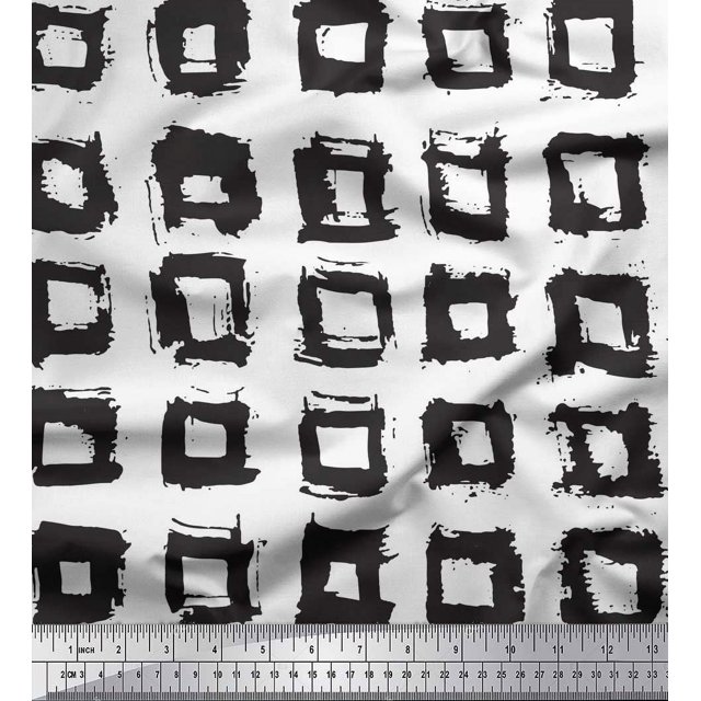 Soimoi White Poly Georgette Fabric Square Geometric Printed Fabric 1 Yard 42 Inch Wide