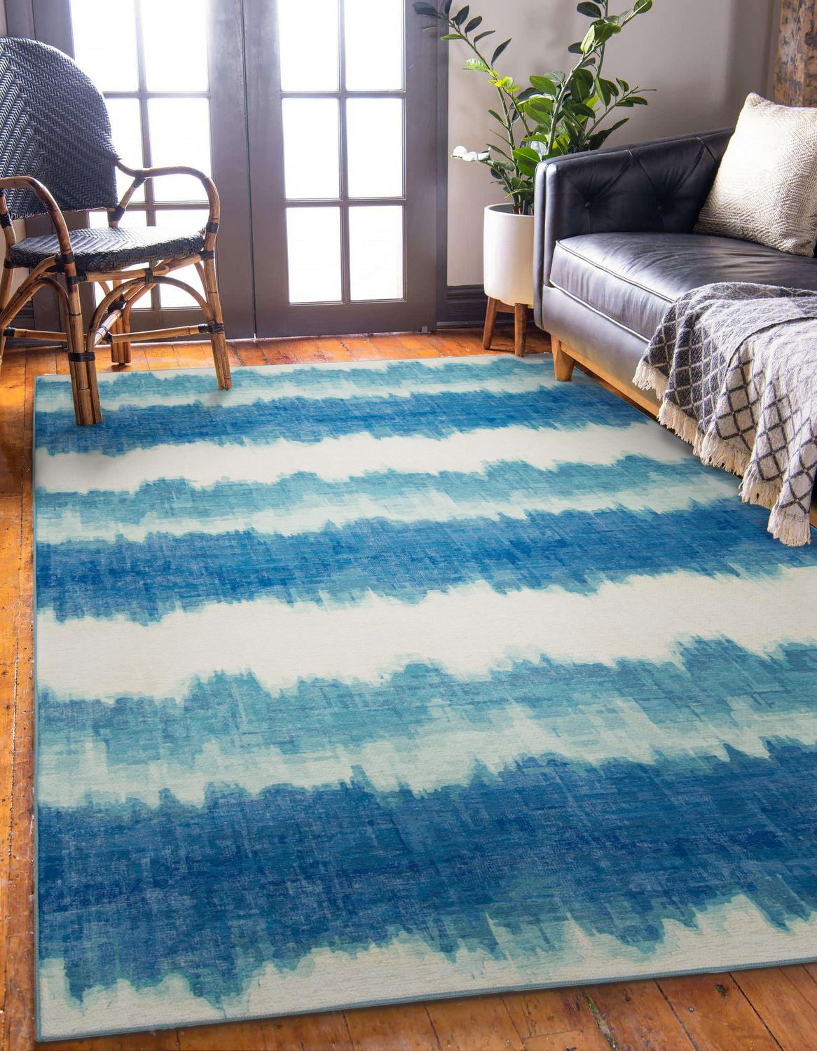 Tapis d'extérieur lavable Apopka ivoire & bleu 5 pi x7 pi