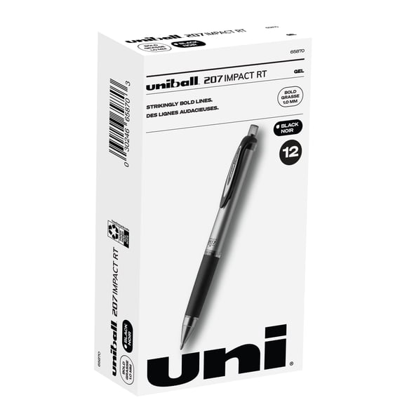 uni-ball 207 Stylos Gel Impact RT Pointe Gras, 1,0 mm, Noir, Lot de 12