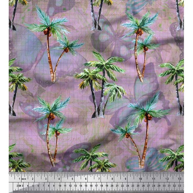 Soimoi Modal Satin Fabric Check,Text & Coconut Tree Decor Fabric Printed Yard 42 Inch Wide