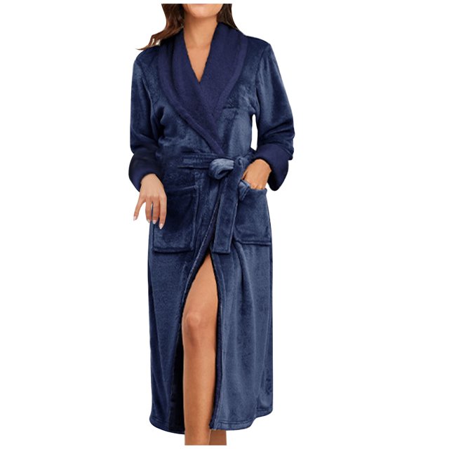 MeetoTime Robe Longue pour Femmes Automne Hiver Confortable en Molleton Peignoir à Col Manches Longues Vêtement de Nuit