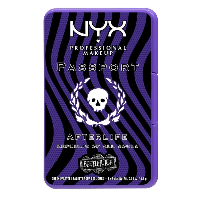 Beetlejuice Blush Palette, Afterlife Passport is a compact purple cheek palette with black wavy stripes, white skull and laurel wreath emblem, NYX Professional Makeup branding, and Beetlejuice logo, featuring three vibrant blush shades suitable for diverse skin tones and travel-friendly use.